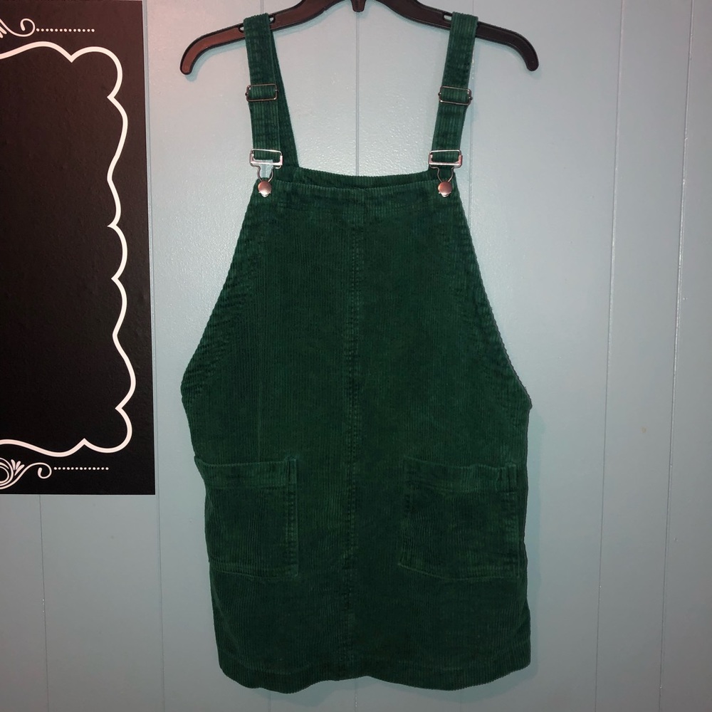Green corduroy overall skirt dress
